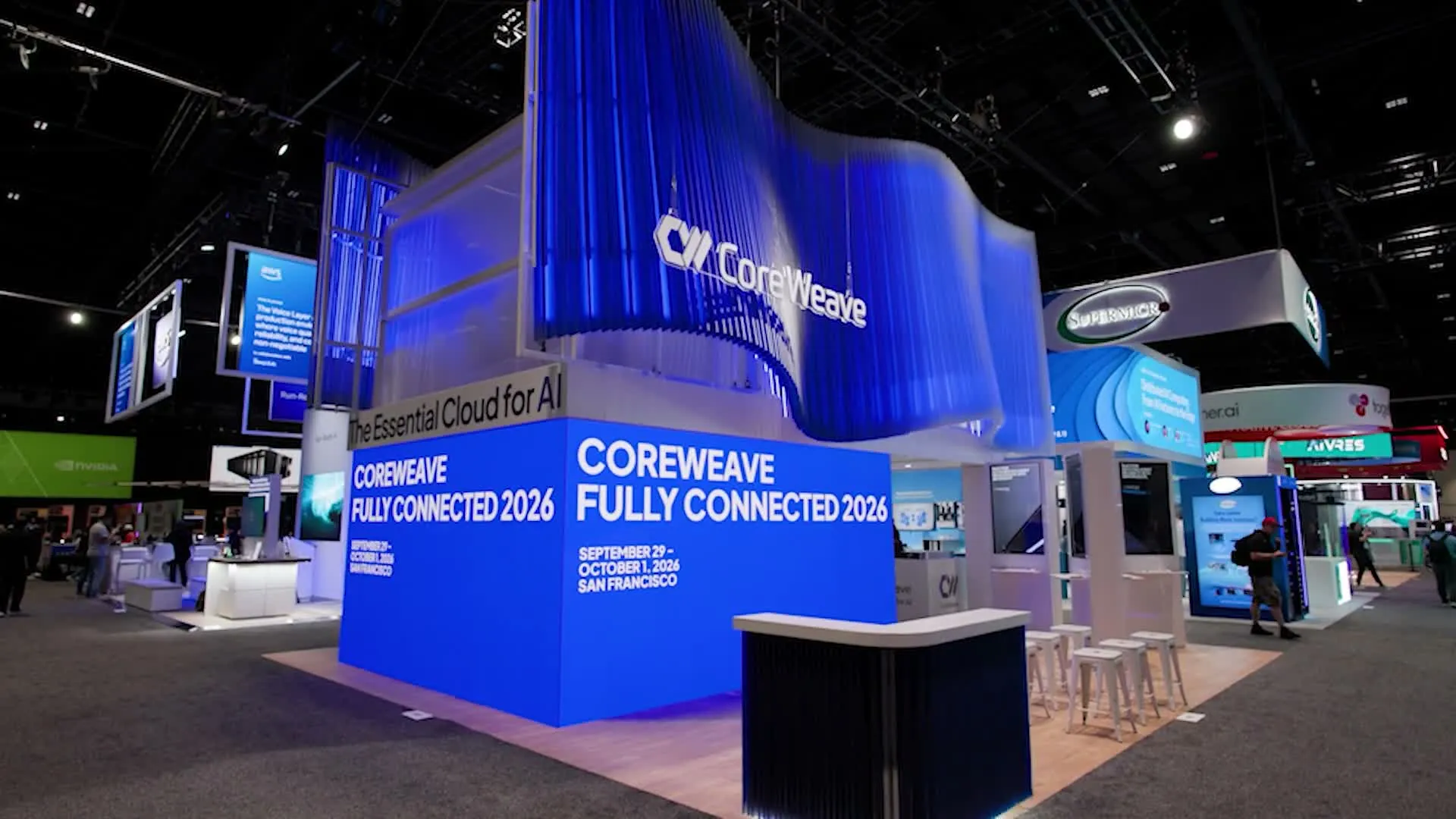 The CoreWeave booth on the show floor — 'Fully Connected 2026'